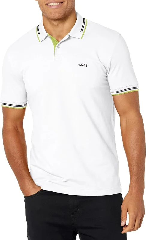 Men's polo t - shirts with a contrast collar for a preppy lookHUGO BOSS Men Paul Modern Essential Blank White/Electric Lime Polo T-Shirt Men's polo t - shirts with a contrast collar for a preppy lookHUGO BOSS Men Paul Modern Essential Blank White/Electric Lime Polo T-Shirt