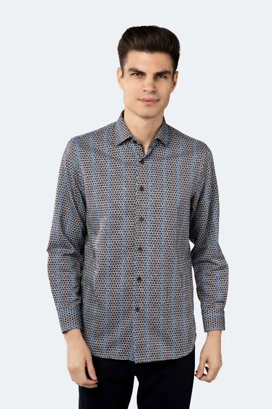 Men's button - front t - shirts with a unique artistic printLight Grey with Navy Daggered Marks and Multi Blue Circle Shirt Men's button - front t - shirts with a unique artistic printLight Grey with Navy Daggered Marks and Multi Blue Circle Shirt