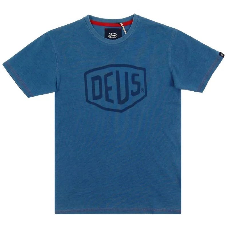 Men's short - sleeve linen t - shirts for summer beach outingsMen's Shield Tee In Indigo Men's short - sleeve linen t - shirts for summer beach outingsMen's Shield Tee In Indigo