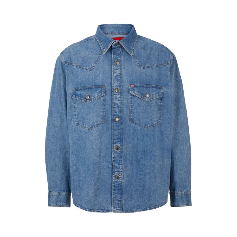 Men's distressed denim - look t - shirts with a rugged appealOversize-fit denim shirt with flap chest pockets Men's distressed denim - look t - shirts with a rugged appealOversize-fit denim shirt with flap chest pockets