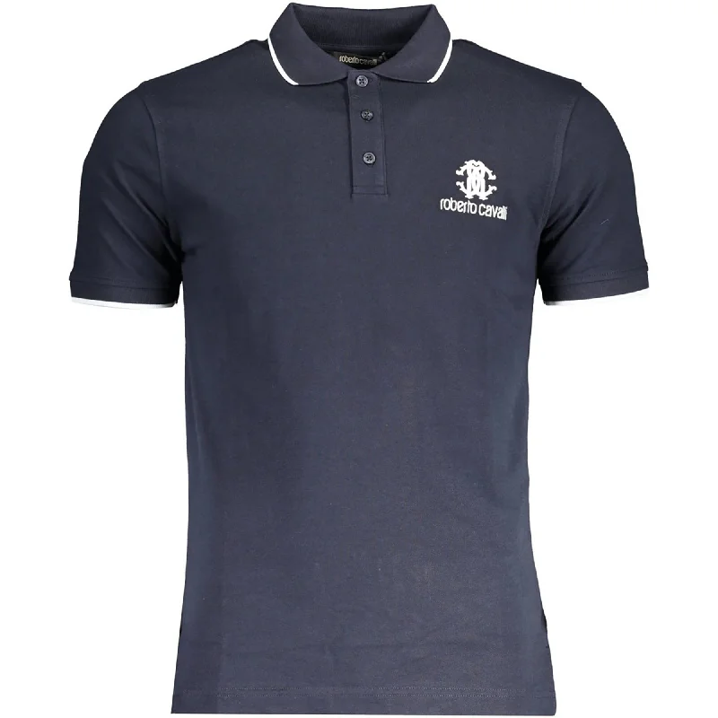 Men's UV - protection t - shirts for outdoor activities in the sunRoberto Cavalli Men's Blue Short Sleeve Cotton Polo T-Shirt with White Logo Men's UV - protection t - shirts for outdoor activities in the sunRoberto Cavalli Men's Blue Short Sleeve Cotton Polo T-Shirt with White Logo