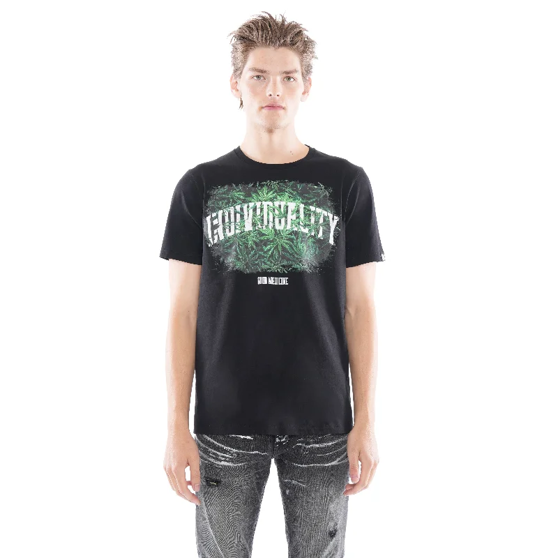 Men's button - front t - shirts with a unique artistic printSHORT SLEEVE CREW NECK TEE "GOOD MEDICINE" IN BLACK Men's button - front t - shirts with a unique artistic printSHORT SLEEVE CREW NECK TEE "GOOD MEDICINE" IN BLACK