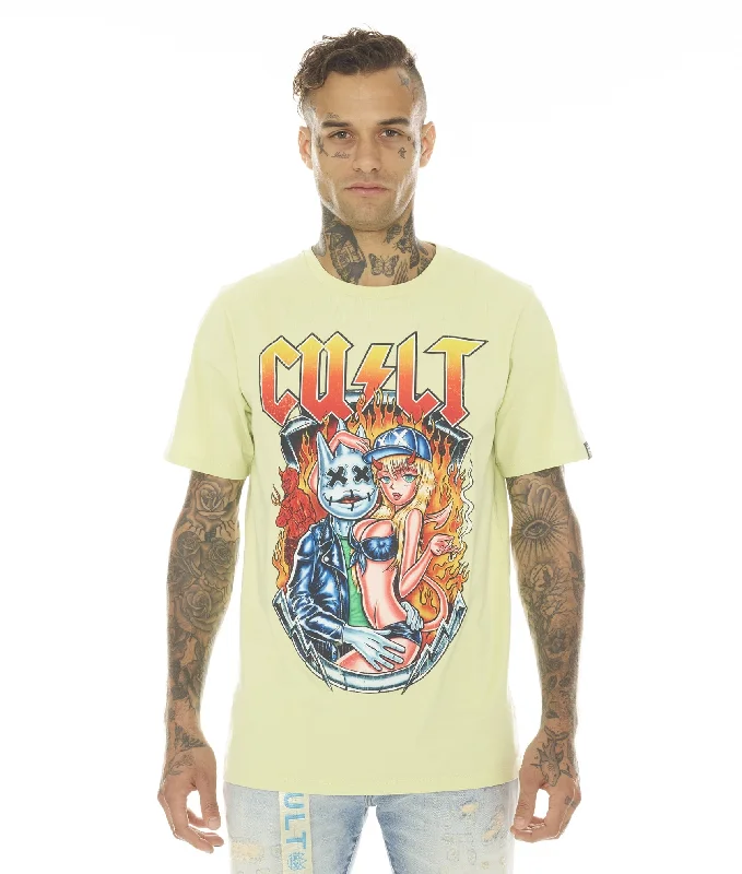 Men's smart - casual checkered t - shirts for semi - formal occasionsSHORT SLEEVE CREW NECK TEE "VIXEN" IN CITRON Men's smart - casual checkered t - shirts for semi - formal occasionsSHORT SLEEVE CREW NECK TEE "VIXEN" IN CITRON
