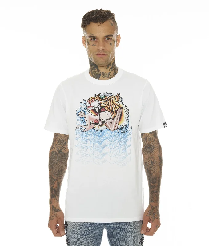 Men's slim - fit graphic t - shirts with vintage rock band printsT-SHIRT SHORT SLEEVE CREW NECK TEE"LUCKY BASTARD TIGER" IN WHITE Men's slim - fit graphic t - shirts with vintage rock band printsT-SHIRT SHORT SLEEVE CREW NECK TEE"LUCKY BASTARD TIGER" IN WHITE