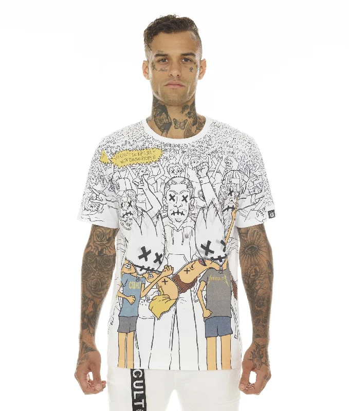 Men's button - front t - shirts with a unique artistic printT-SHIRT SLEEVE CREW NECK TEE "RAGE" IN WHITE Men's button - front t - shirts with a unique artistic printT-SHIRT SLEEVE CREW NECK TEE "RAGE" IN WHITE