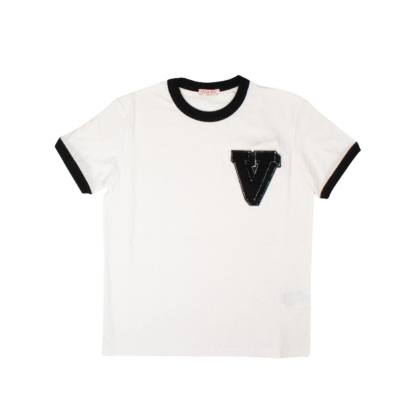 Men's thermal t - shirts with a high - neck design for cold weatherValentino White Cotton V-3D Patch T-Shirt Men's thermal t - shirts with a high - neck design for cold weatherValentino White Cotton V-3D Patch T-Shirt