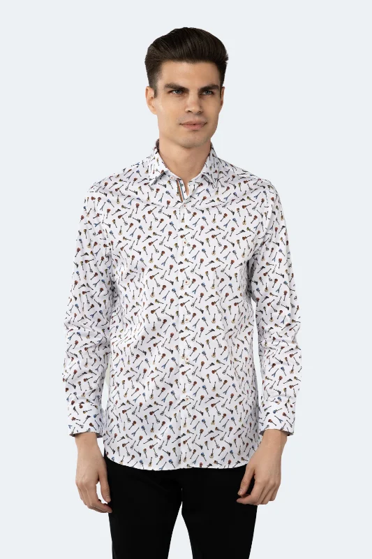 Men's smart - casual checkered t - shirts for semi - formal occasionsWhite with Multicolor Guitar Shirt Men's smart - casual checkered t - shirts for semi - formal occasionsWhite with Multicolor Guitar Shirt